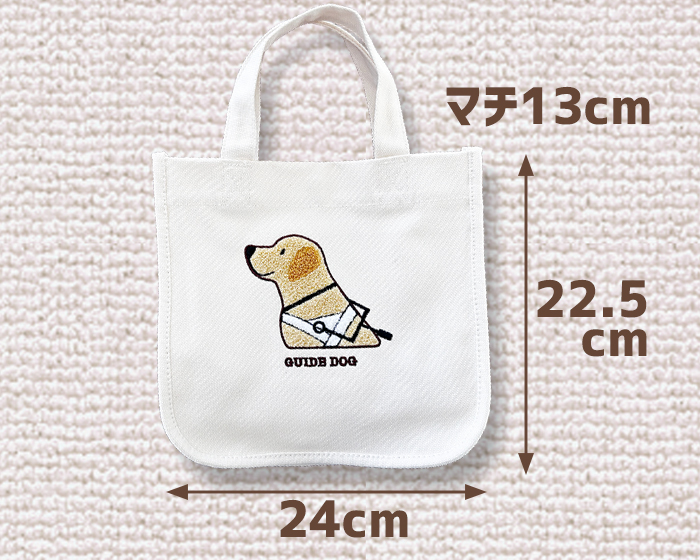 トートバッグの正面の写真。縦22.5センチ、横24センチ、マチ13センチ